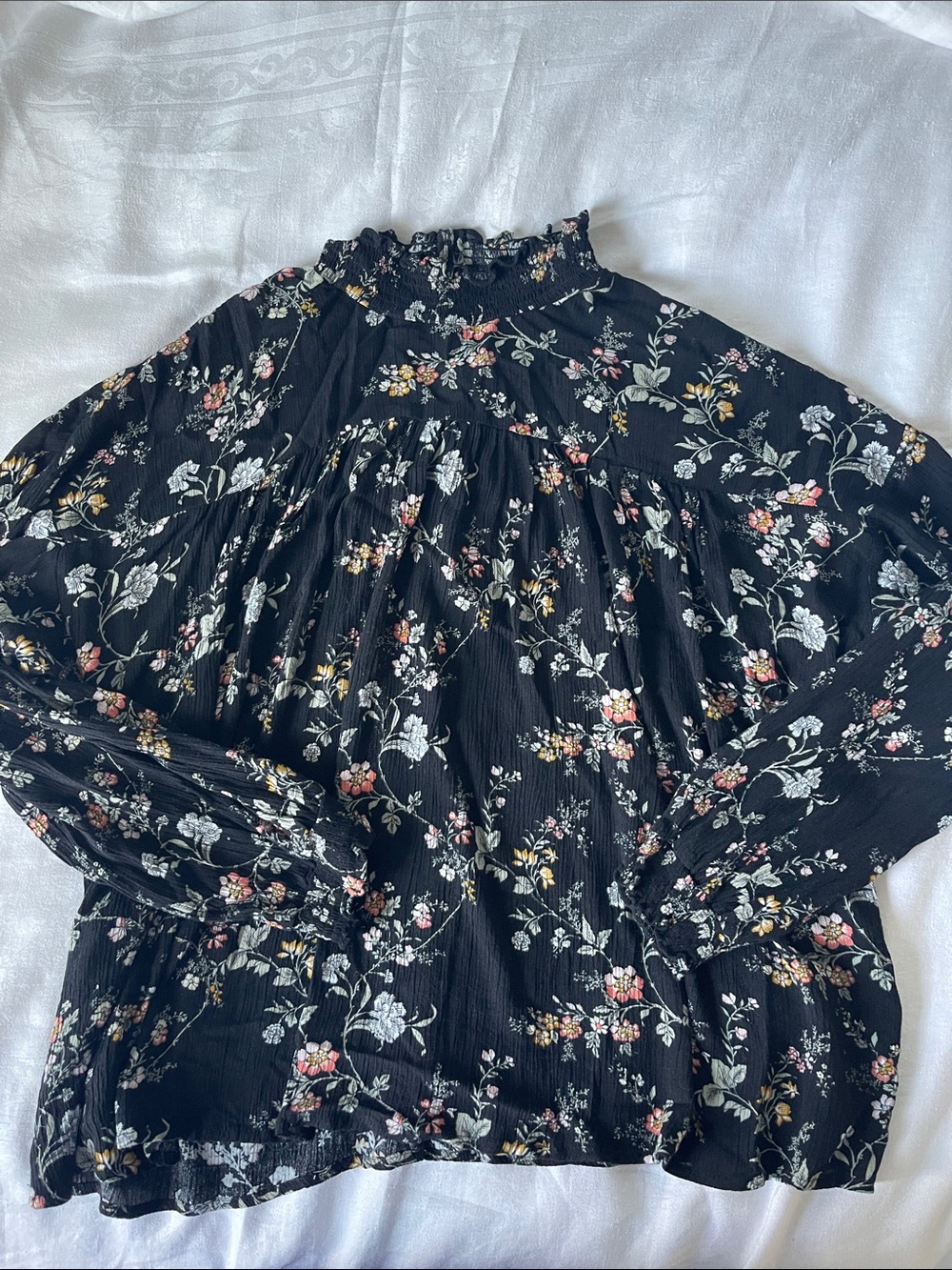 Black Floral High-Neck Long-Sleeve top